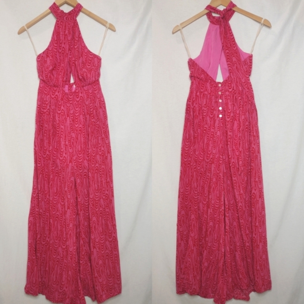 Free People Kissing Sunlight Printed Halter Open Back Wide Leg Jump Anthro XS
